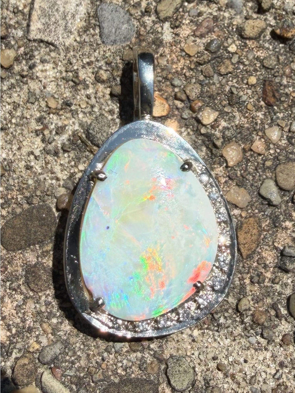 14k White Gold 5.99ct Opal and .11ctw Diamond Pendant